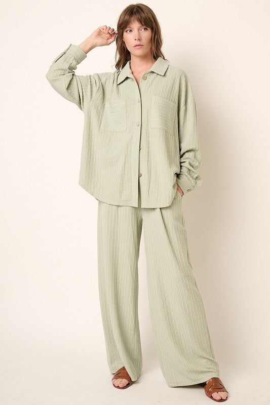 Solid Color Textured Buttoned Shirt and Casual Pants Set main image 0